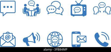 Social media communication icons in solid blue color including chat bubbles discussion and phone on transparent back. Stock Vector