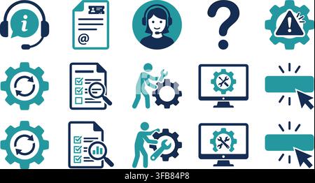 Technical support and customer service icons in teal and dark blue representing maintenance workflow and online help. Stock Vector
