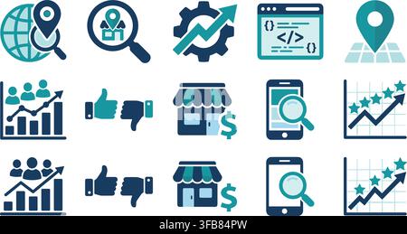 Local business marketing and online store analytics icons with blue and teal elements for mobile app developers. Stock Vector