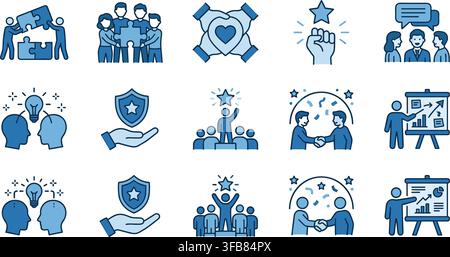 Teamwork and partnership icons in blue colors representing business collaboration community support and shared success. Stock Vector