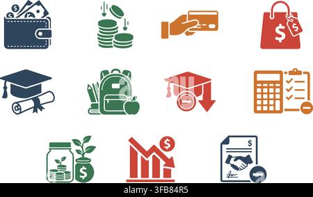 Financial planning and personal budget reduction flat icons for banking applications and investment analysis sheets. Stock Vector