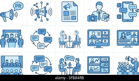 Public relations and mass media communication blue outline icons set for news broadcasting press and marketing design. Stock Vector