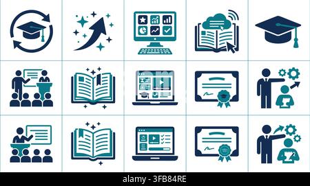 Education and training vector icons set with dark blue and teal elements for academic development and professional growth. Stock Vector