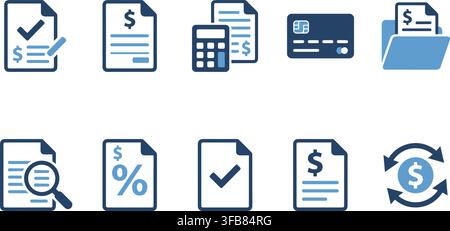 Finance accounting report icon set with blue document and currency symbols for modern banking and business auditing tasks. Stock Vector