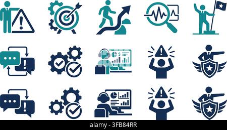 Strategic business leadership and risk management iconography with dark blue and teal flat vector office style elements. Stock Vector