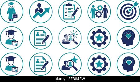 Professional human resources icons with blue circle borders featuring recruitment graduation and career growth symbols. Stock Vector