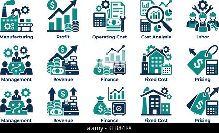 Financial business cost icons set with manufacturing profit revenue operating fixed pricing accounting teal glyph sign. Stock Vector