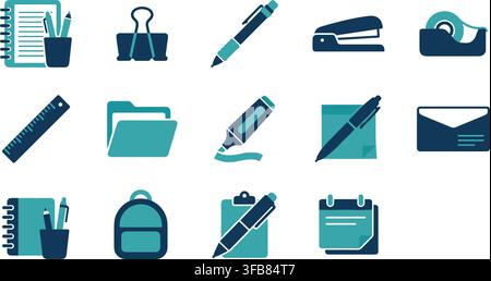 Stationery icon set featuring teal blue office supplies like notebooks pens and rulers for educational school branding use. Stock Vector