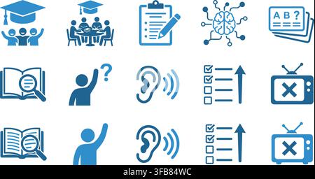 Learning and study blue flat icons depicting students and books for educational materials and academic resource projects. Stock Vector