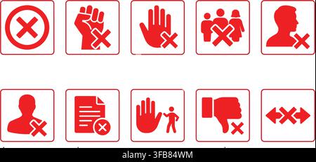 Red rejection and prohibition sign buttons vector set with cancel fist stop hand dislike user and document marks. Stock Vector