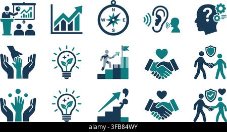 Professional soft skills and leadership icons illustrating teamwork mentoring growth and effective communication concepts. Stock Vector