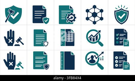 Legal and security document icons in dark blue and teal colors representing compliance protection and law enforcement. Stock Vector