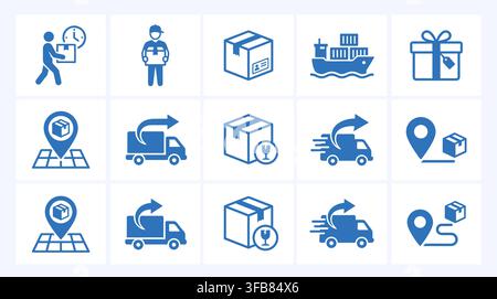Logistics icon set featuring various shipping delivery icons in blue color scheme designed for distribution company website. Stock Vector