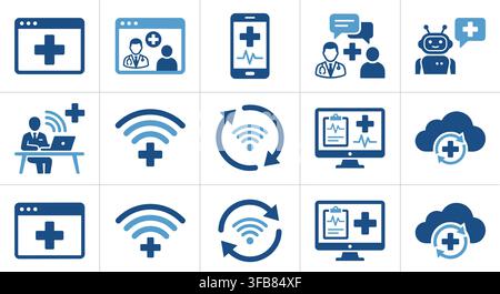 Healthcare digital service icons set using blue medical symbols for telehealth and remote clinical patient monitoring. Stock Vector