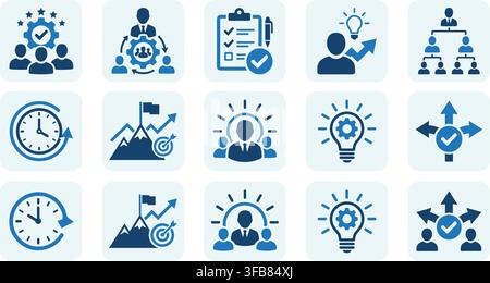 Teamwork, leadership, and project planning icons for effective management and business strategy execution. Stock Vector