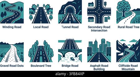 Transportation landscape icons set with teal blue road types for navigation infrastructure mapping and urban planning. Stock Vector