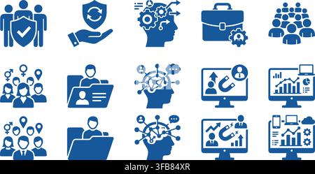 Human resource management icon set featuring employee profiles recruitment data analysis and talent acquisition technology. Stock Vector