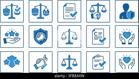 Scales of justice with briefcase and documents and handshake with shield icon and stars hands holding heart. Stock Vector