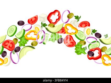 Seamless wave border with vegetables. Fresh products for Greek salad. Mediterranean diet. Stock Vector