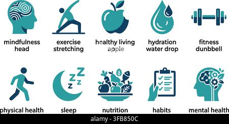 Wellness and balanced lifestyle icons for physical health mental clarity nutrition and consistent daily habit tracking. Stock Vector