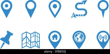 Map pin location marker and curved arrow path and folded map with house and globe pins. Stock Vector