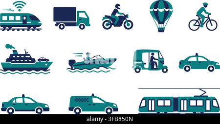 Transportation logistics delivery vehicle icons with green and dark blue silhouettes for public transit and cargo. Stock Vector