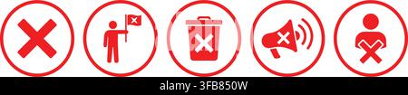 Negative and restrictive red icons indicating cancellation, deletion, and prohibition actions. Stock Vector