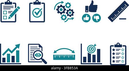 Performance measurement and evaluation icon set featuring checklists rating stars progress charts and quality audit tools. Stock Vector