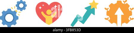 Personal development and productivity concepts colorful flat icons representing collaboration wellness growth and workflow. Stock Vector