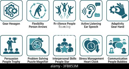 Soft skills icons with teamwork and communication symbols for professional development and personal growth on a grey background. Stock Vector