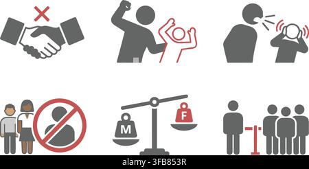 Social injustice and conflict icons set with gray bullying symbols for discrimination awareness and inequality campaign. Stock Vector