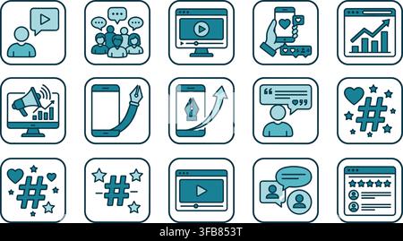 Social media and content creation icons with engagement metrics and user interaction on a transparent background. Stock Vector