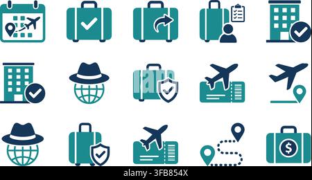Travel luggage and flight booking icons featuring suitcases airplanes and destination maps for global tourism planning. Stock Vector