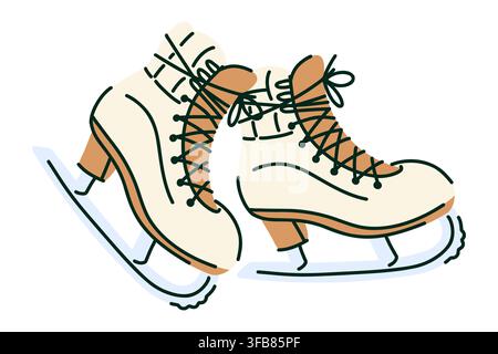 Vintage Ice Skates with Warm Lace Up Boots on Ice for Winter Recreation, Figure Skating and Nostalgic Outdoor Fun. Vector illustration Stock Vector