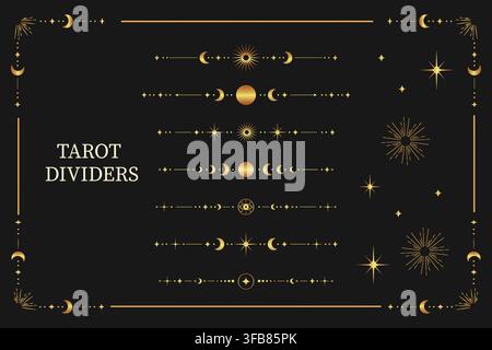 Golden tarot dividers and separators with celestial moon stars sun frame border lunar crescents mystical eye and decorative elements on dark backgroun Stock Vector