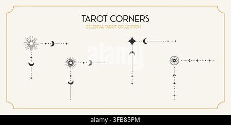 Black celestial tarot corner elements for frames and borders with moon stars sun lunar crescents mystical eye symbols and decorative details Stock Vector
