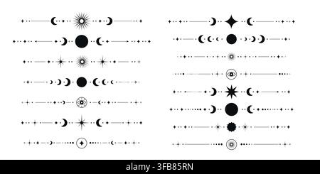 Set of black tarot dividers with moon stars sun celestial symbols lunar phases mystical eye and decorative elements isolated on white background Stock Vector