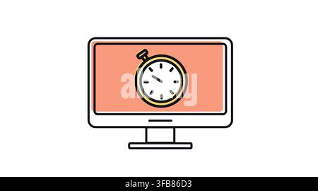 Desktop computer monitor with stopwatch speed symbol on screen vector icon. Black line art with offset fill style on white background. Stock Vector