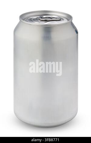 blank silver aluminum soda can mockup isolated on a clean white background. Perfect template for branding, package design showcase, and soft drink or Stock Photo