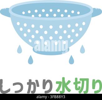 A blue perforated colander with water drops appears above Japanese text meaning Drain Thoroughly. Stock Vector