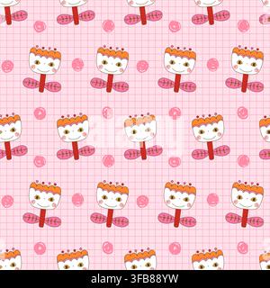 Cute pink grid and kawaii flower characters with faces vector seamless pattern, groovy positive hand drawn illustration for kids and baby designs Stock Vector