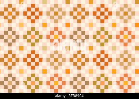 Warm autumn colors geometric quilt seamless vector pattern, Checkerboard flower patchwork squares repeat, Cozy farmhouse Thanksgiving fabric design Stock Vector