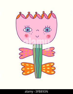 Cute vector flower character with pink face with eyes and smile, groovy childish hand drawn illustration for kids and baby designs and decor Stock Vector