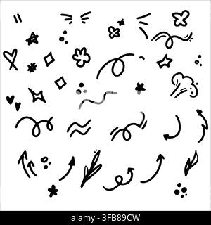 A set of hand-drawn curved arrows, hearts, flowers, dots, and stars in a doodle style. black curved arrows isolated  Stock Vector