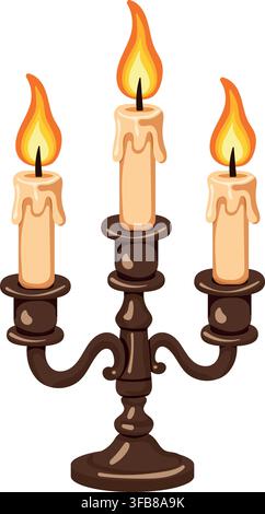 Vintage Three Candle Candelabra with Burning Flames. Stock Vector