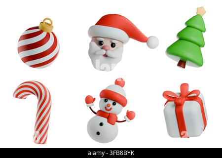 3D render of Christmas and New Year icon set in claymorphic style isolated on white background. Winter holiday plasticine assets bundle with Santa Cla Stock Photo