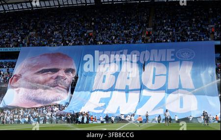 Manchester, UK. 23rd Aug, 2026. A giant banner to welcome back Enzo Maresca coach of Manchester City during the Manchester City vs AFC Bournemouth Premier League match at the Etihad Stadium, Manchester. Picture credit should read: Andrew Yates/Sportimage Credit: Sportimage Ltd/Alamy Live News Stock Photo