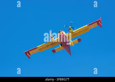 Canadair CL-415 amphibious firefighting plane seen from below against blue sky, Italy Stock Photo