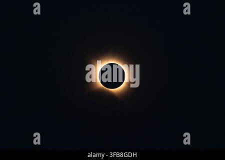 View of the glowing solar corona during the totality phase of the total solar eclipse of August 12, 2026 in Alcaniz, Aragon, Spain Stock Photo