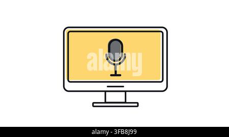 Desktop computer monitor with microphone symbol on screen vector icon. Black line art with offset fill style on white background. Stock Vector